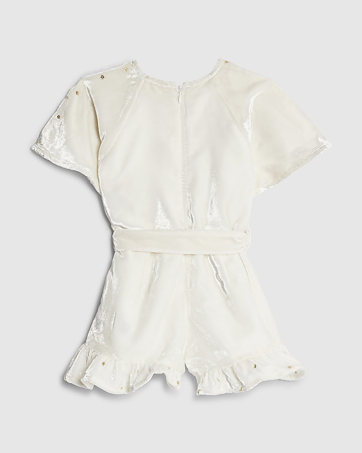 River Island Mini Girls Cream Velvet Sequin Bow Playsuit