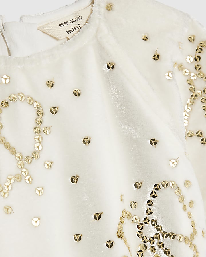 River Island Mini Girls Cream Velvet Sequin Bow Playsuit