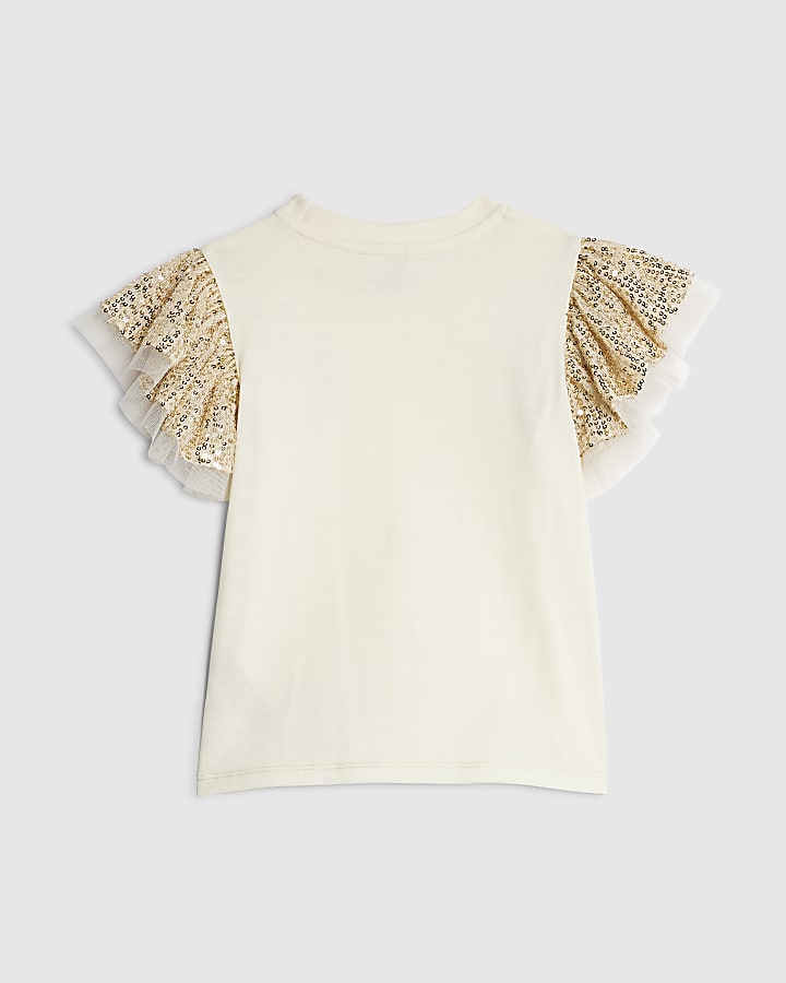 River Island Mini Girls Ecru Sequin Frill Sleeve T-Shirt