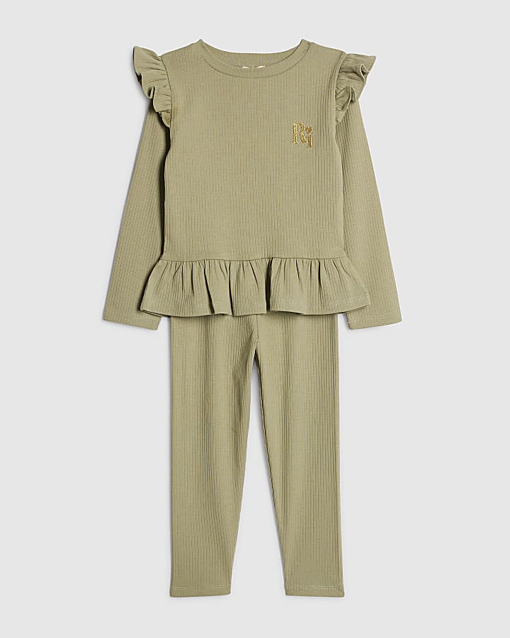 River Island Mini Girls Khaki RI Waist Band Ribbed Set