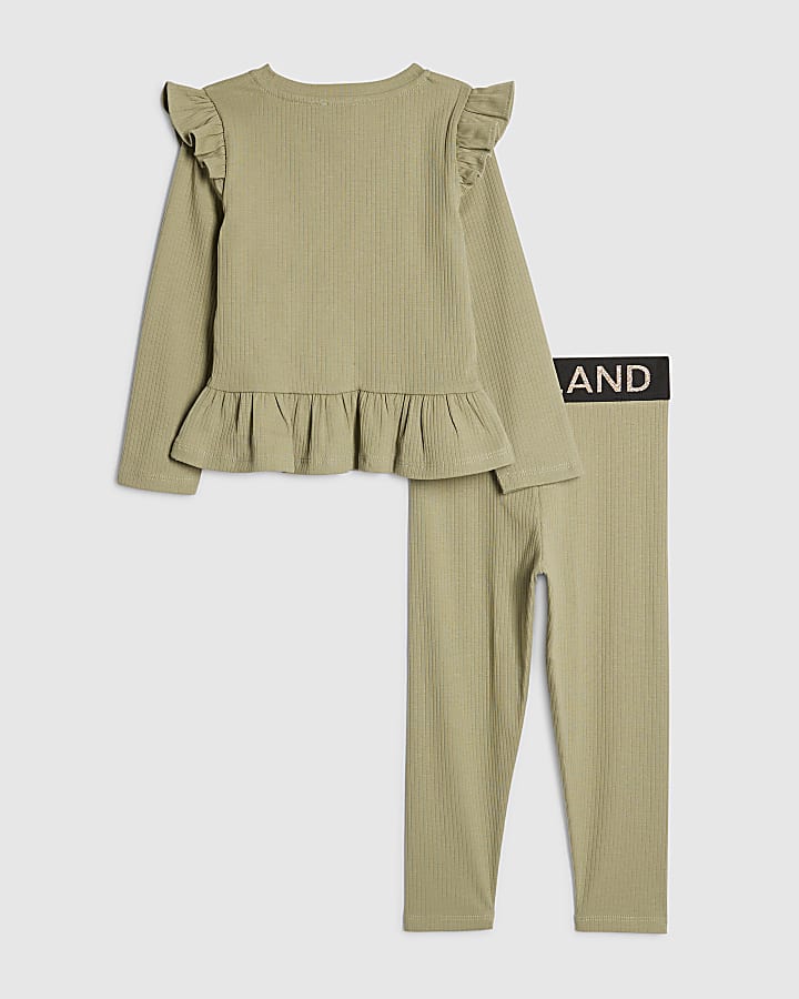 River Island Mini Girls Khaki RI Waist Band Ribbed Set