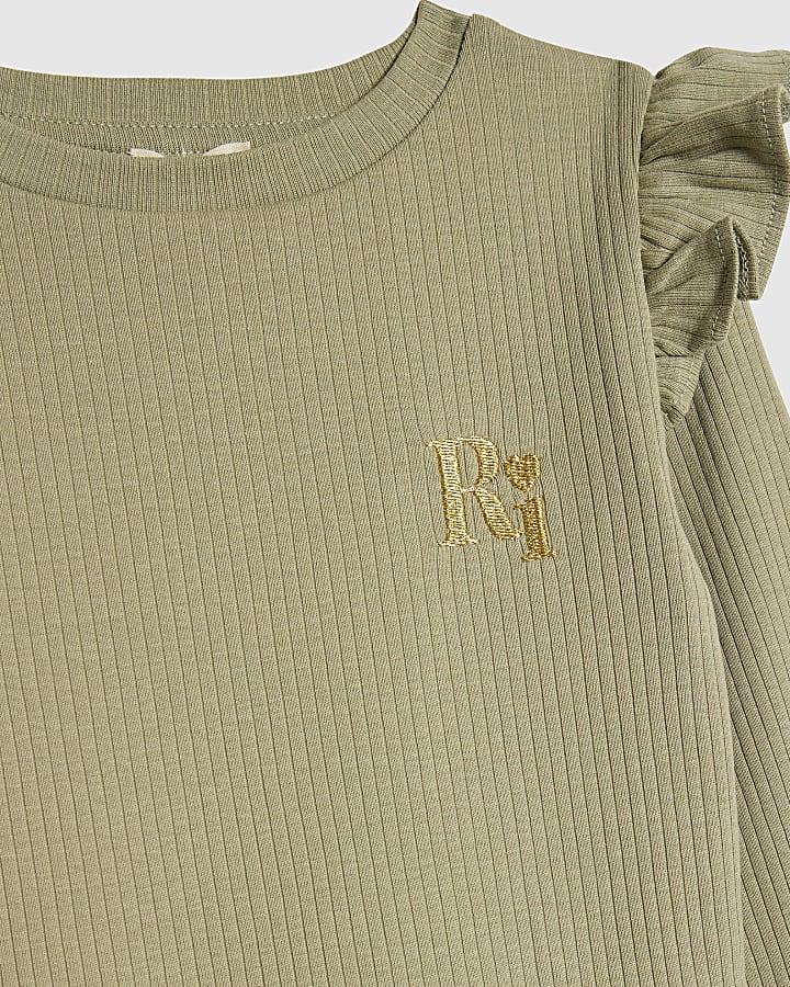 River Island Mini Girls Khaki RI Waist Band Ribbed Set