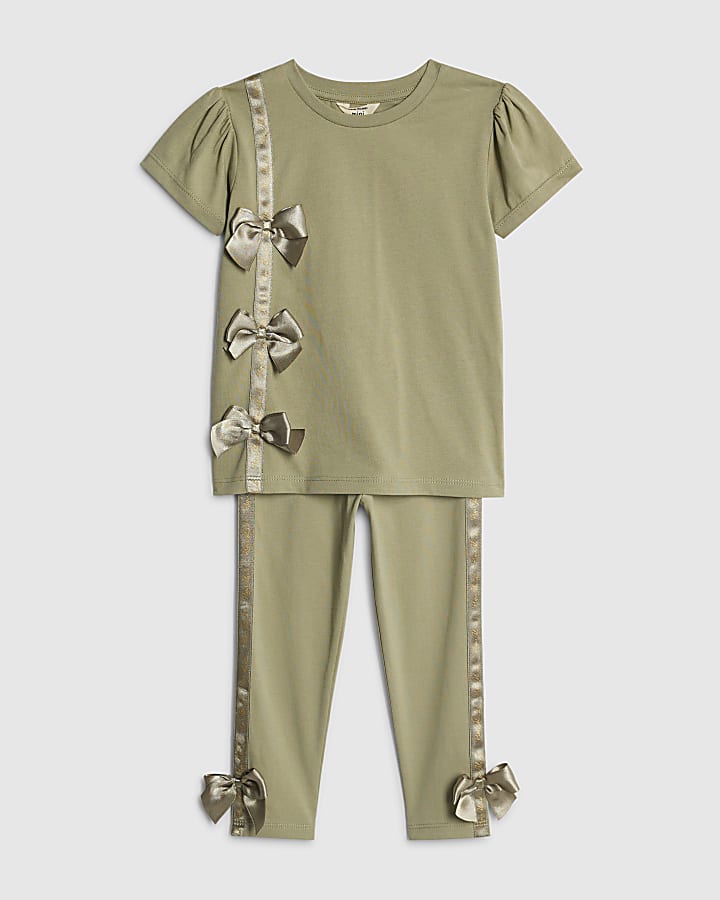 River Island Mini Girls Khaki Satin Bow T-Shirt Set