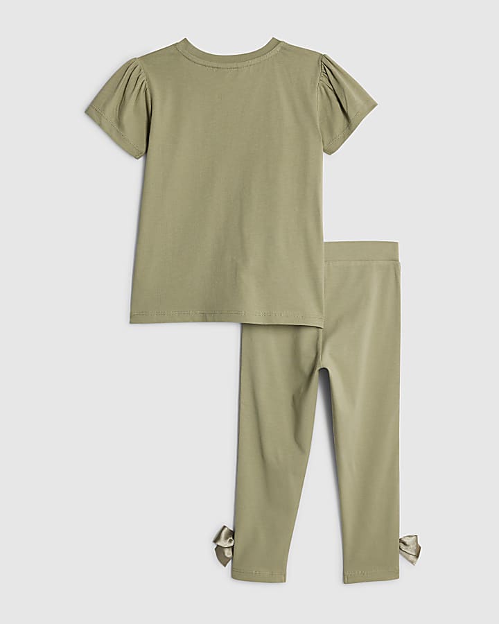 River Island Mini Girls Khaki Satin Bow T-Shirt Set