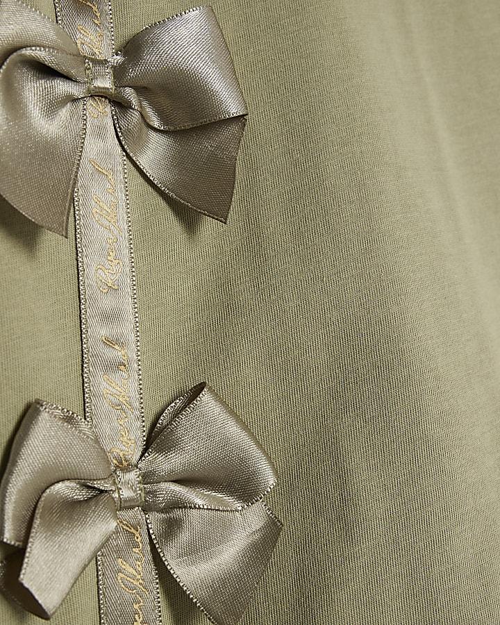 river island Mini Girls Khaki Satin Bow T-Shirt Set