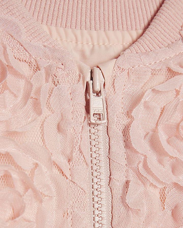 River Island Mini Girls Pink 3D Floral Bomber Jacket