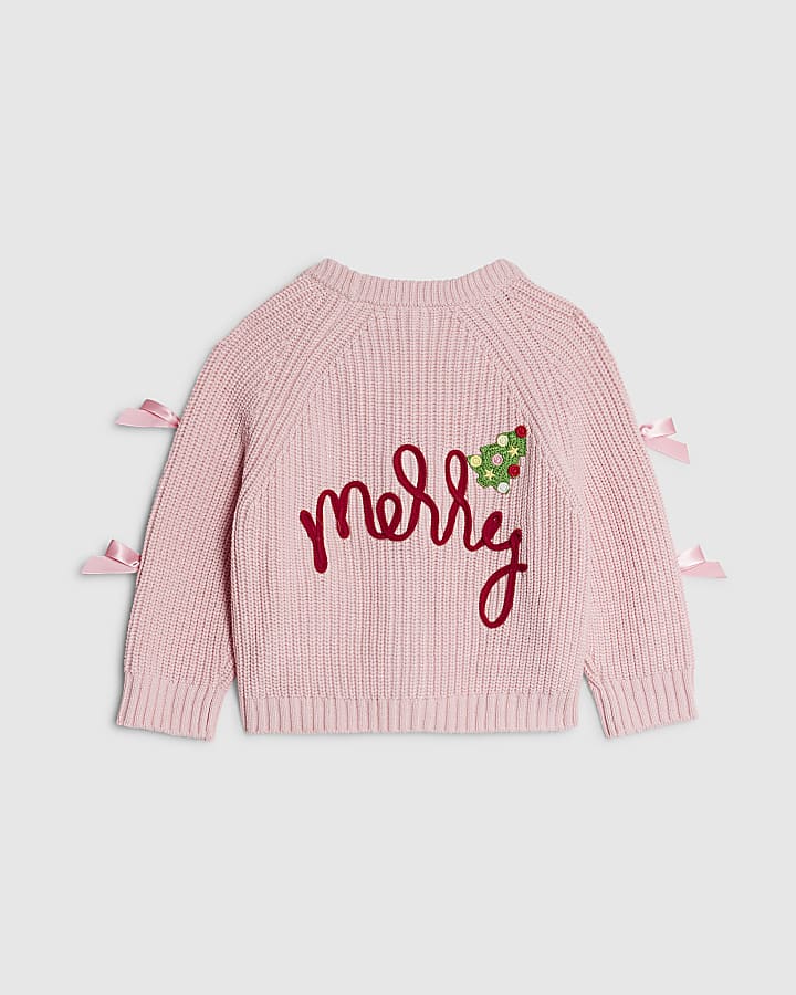 River Island Mini Girls Pink Bow Christmas Cardigan