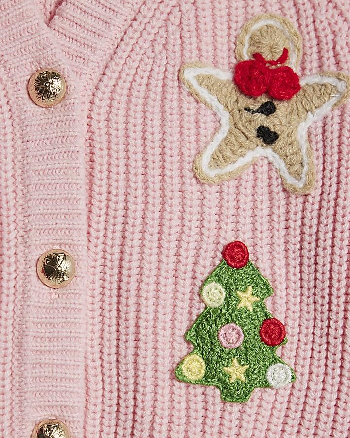 River Island Mini Girls Pink Bow Christmas Cardigan