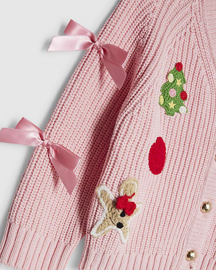 river island Mini Girls Pink Bow Christmas Cardigan