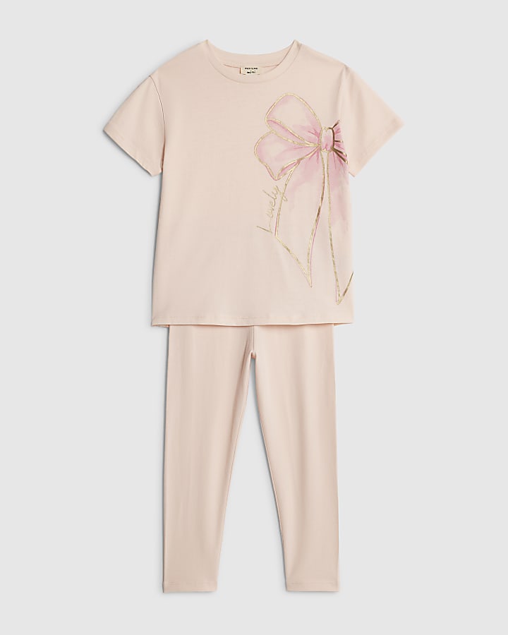 River Island Mini Girls Pink Bow T-Shirt And Leggings Set