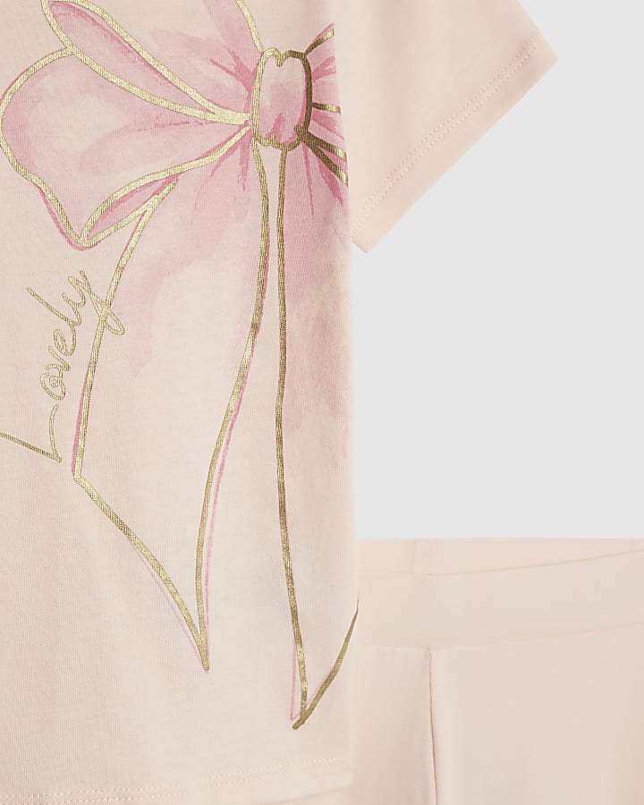 River Island Mini Girls Pink Bow T-Shirt And Leggings Set