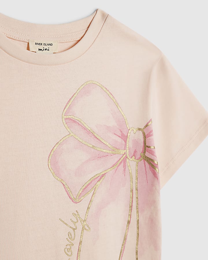 river island Mini Girls Pink Bow T-Shirt And Leggings Set