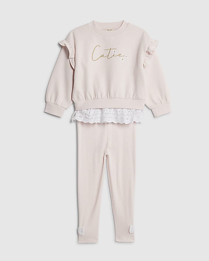 River Island Mini Girls Pink Broderie Hem Sweatshirt Set