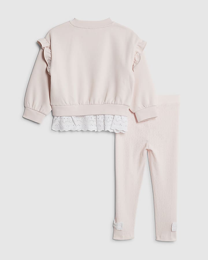 River Island Mini Girls Pink Broderie Hem Sweatshirt Set