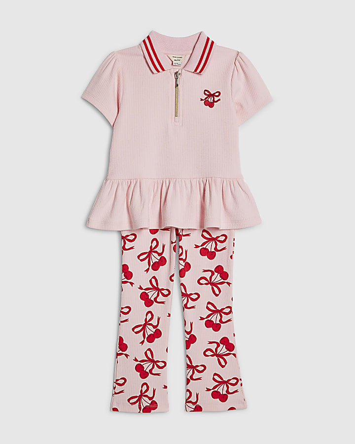 River Island Mini Girls Pink Cherry Bow Leggings Set