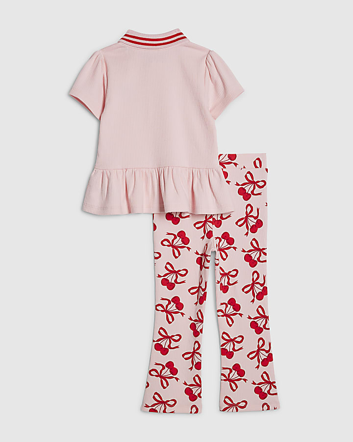 River Island Mini Girls Pink Cherry Bow Leggings Set