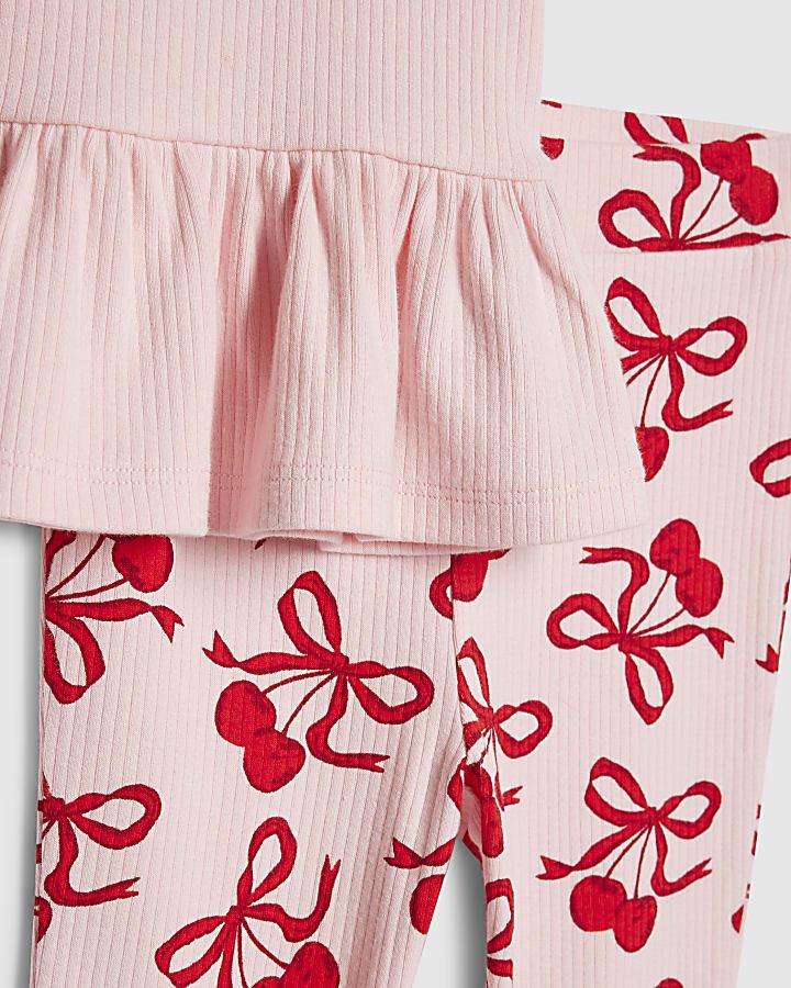 river island Mini Girls Pink Cherry Bow Leggings Set