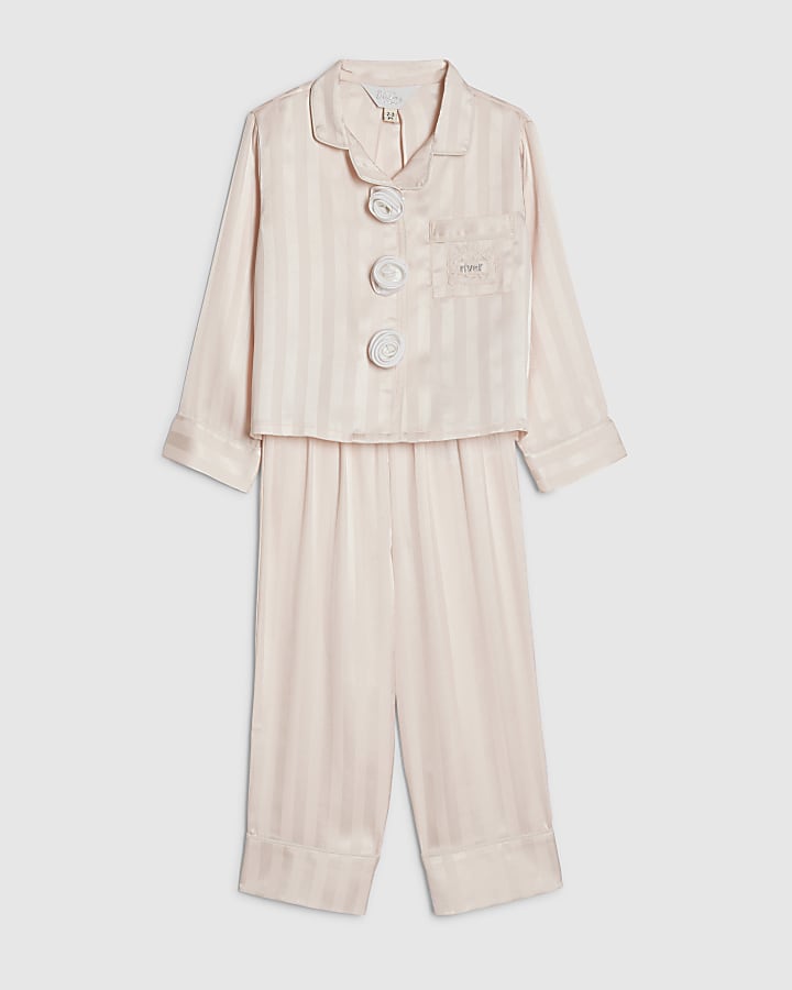 River Island Mini Girls Pink Corsage Satin Pyjamas Set