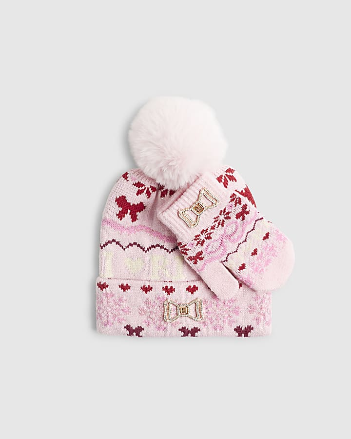 River Island Mini Girls Pink Fairisle Beanie Hat Set