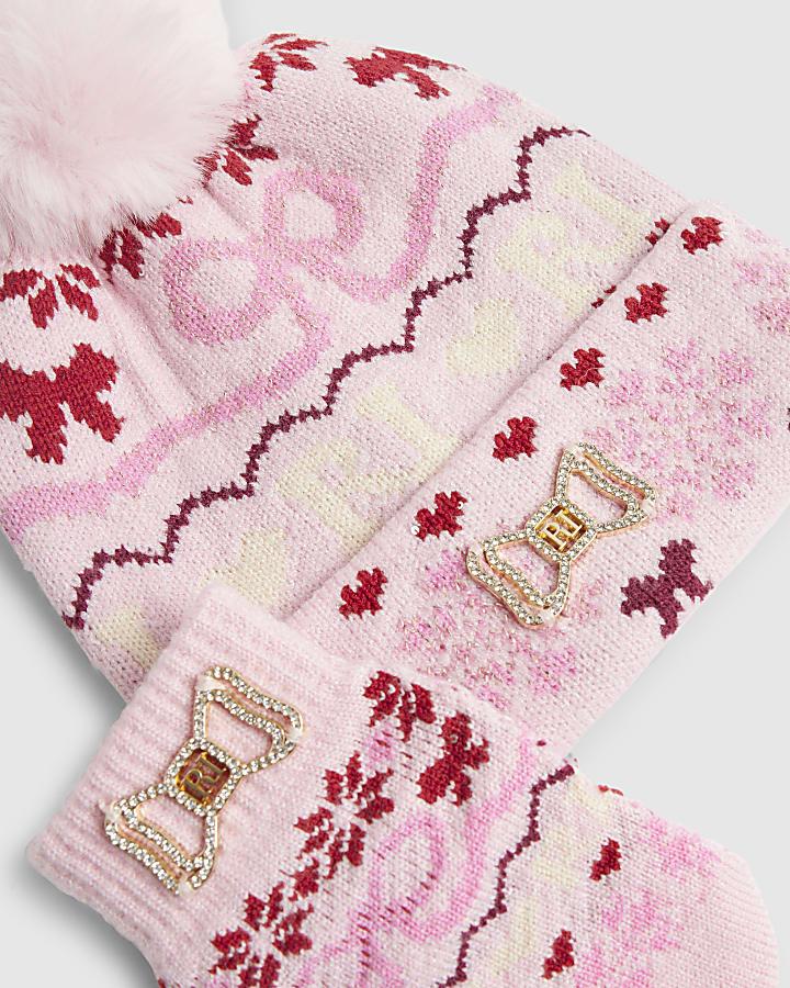 River Island Mini Girls Pink Fairisle Beanie Hat Set