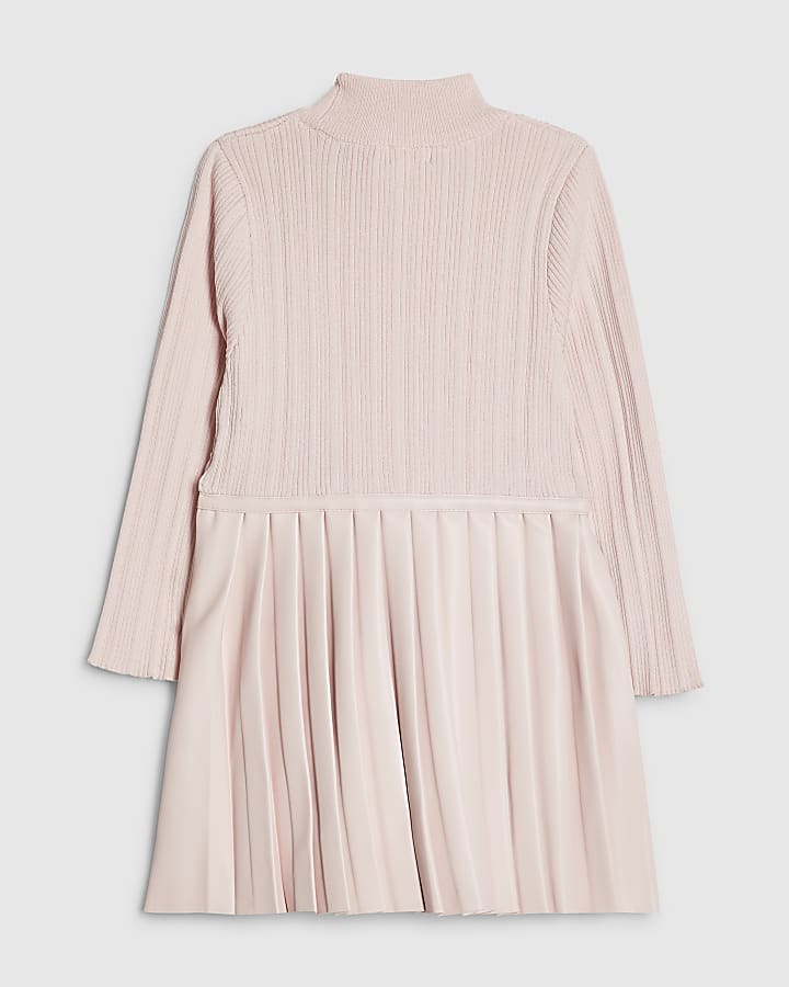 River Island Mini Girls Pink Faux Leather Pleated Dress