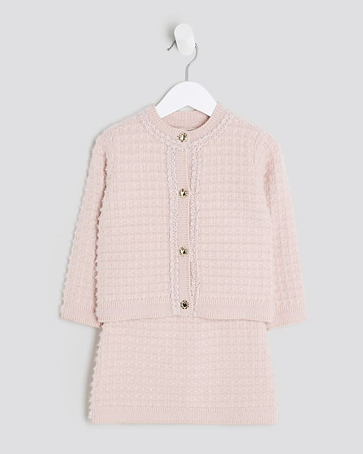 River Island Mini Girls Pink Fluffy Boucle Cardigan Set