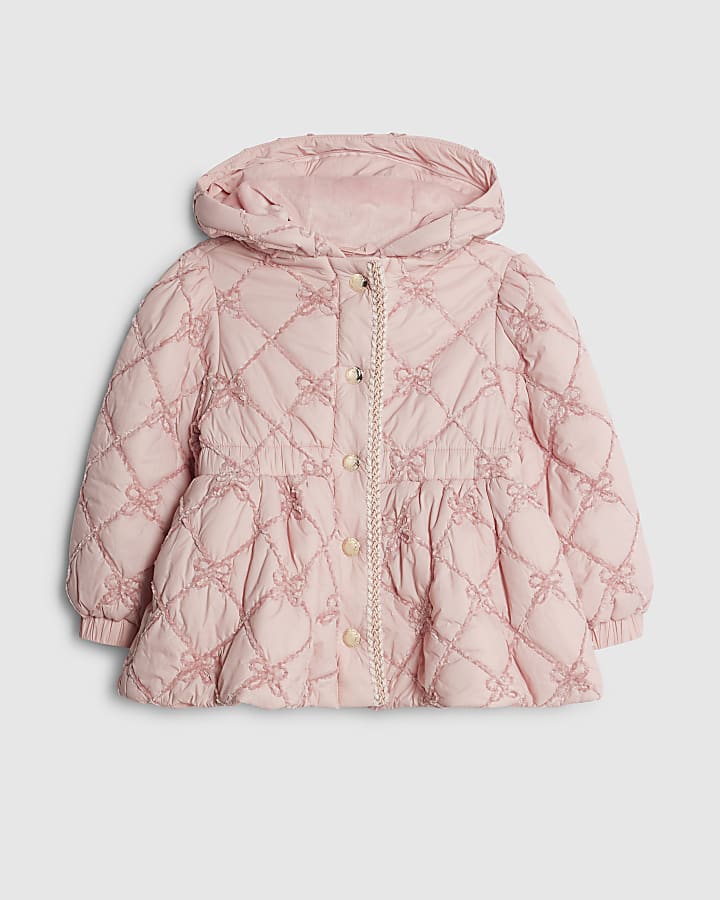River Island Mini Girls Pink Hooded Bow Padded Coat