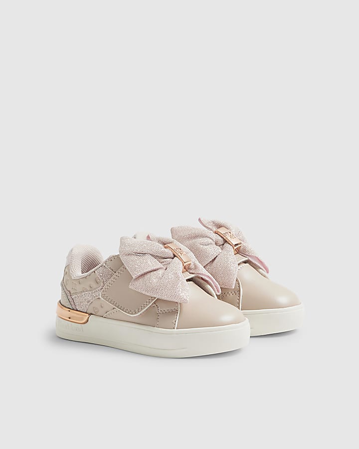 River Island Mini Girls Pink Monogram Velcro Bow Trainers