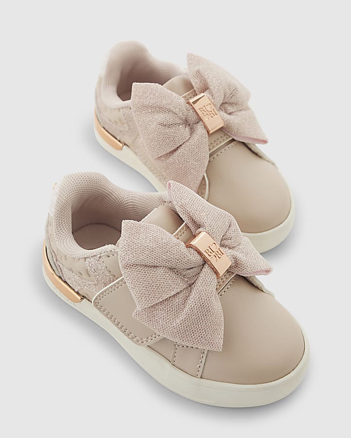 River Island Mini Girls Pink Monogram Velcro Bow Trainers