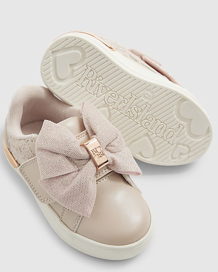 river island Mini Girls Pink Monogram Velcro Bow Trainers