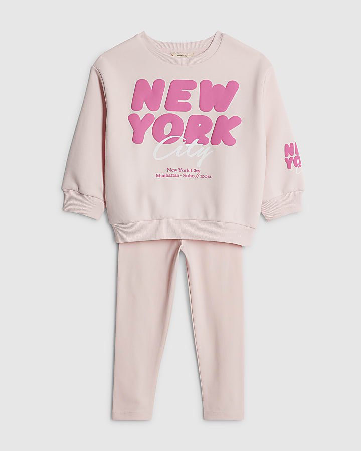 River Island Mini Girls Pink New York Sweatshirt Set