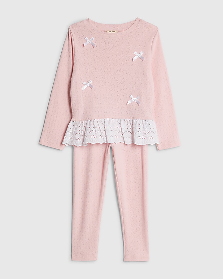 River Island Mini Girls Pink Pointelle 3D Bow Top Set
