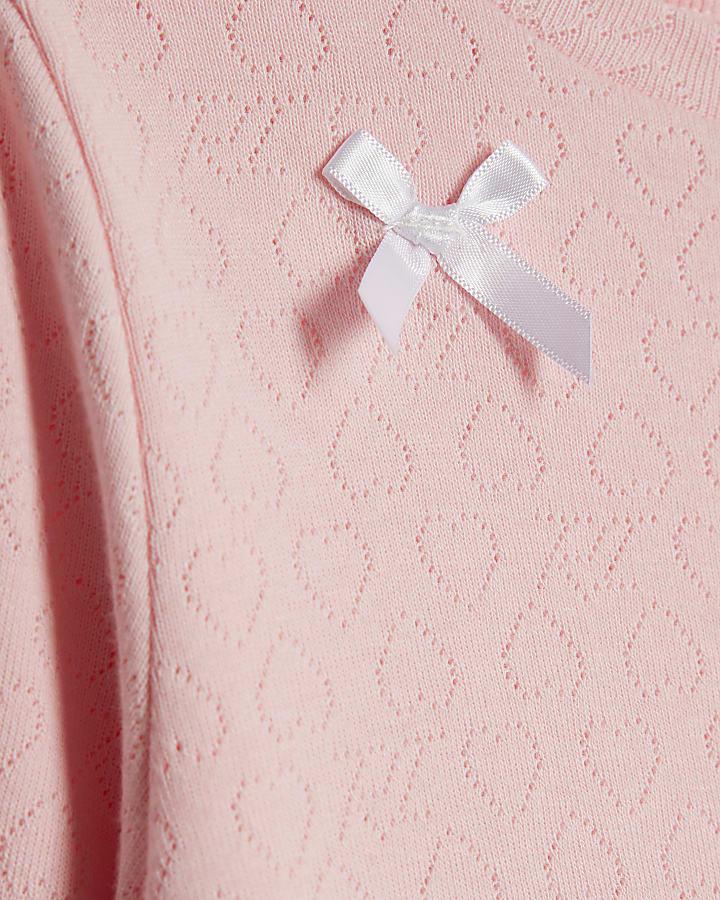 River Island Mini Girls Pink Pointelle 3D Bow Top Set