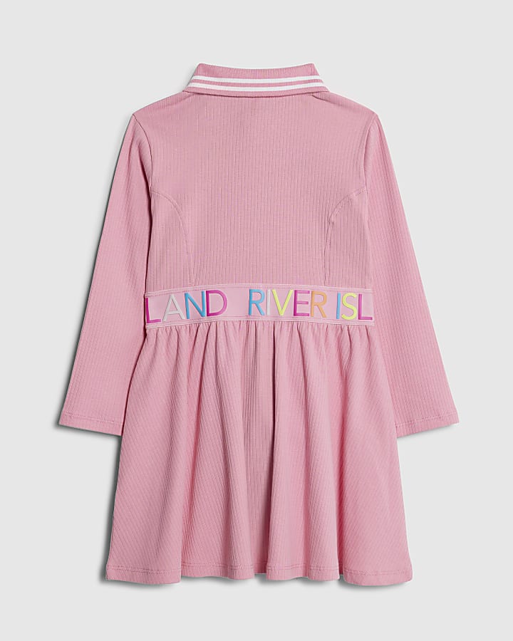 river island Mini Girls Pink RI Waistband Ribbed Dress