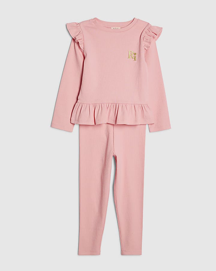 River Island Mini Girls Pink RI Waistband Ribbed Set