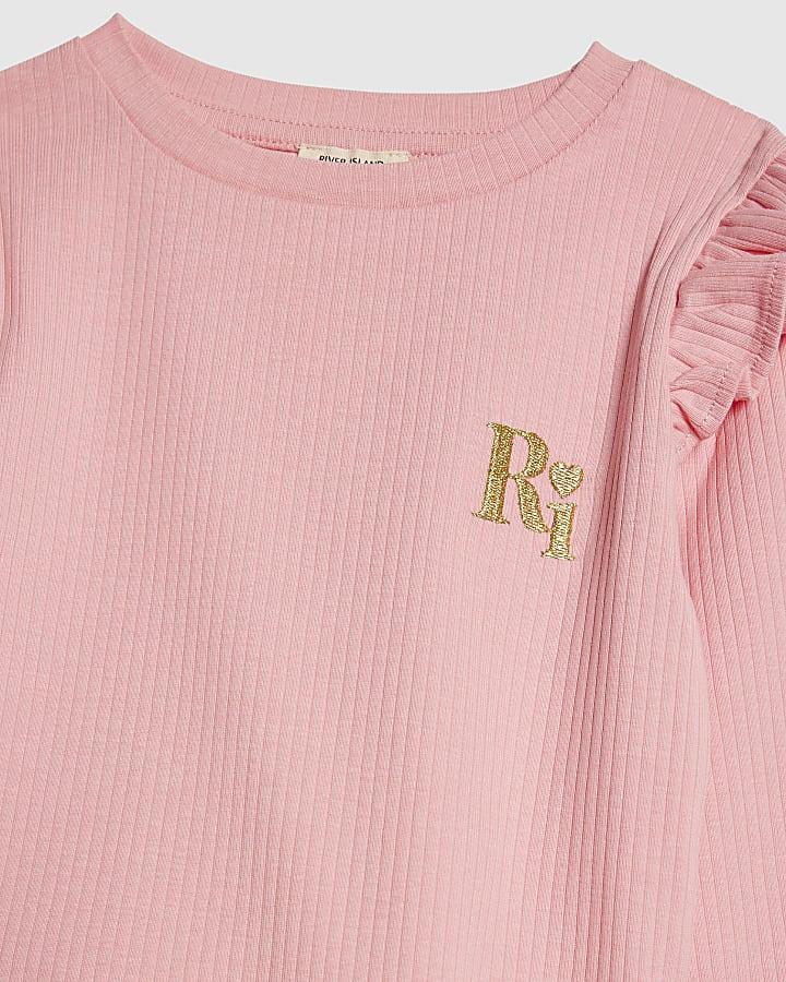 River Island Mini Girls Pink RI Waistband Ribbed Set