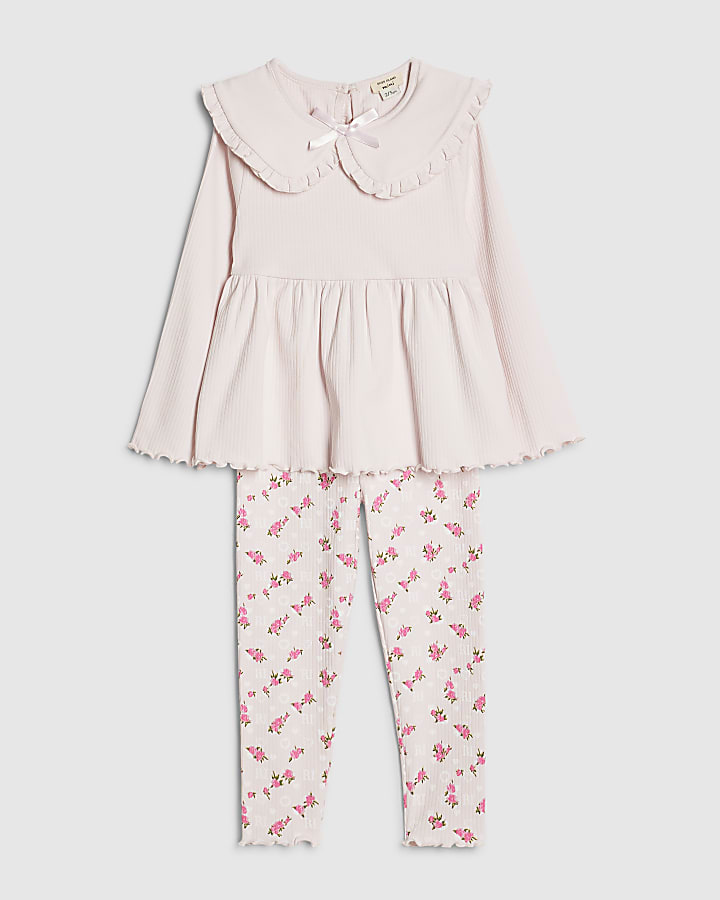 River Island Mini Girls Pink Rib Collar Peplum Top Set