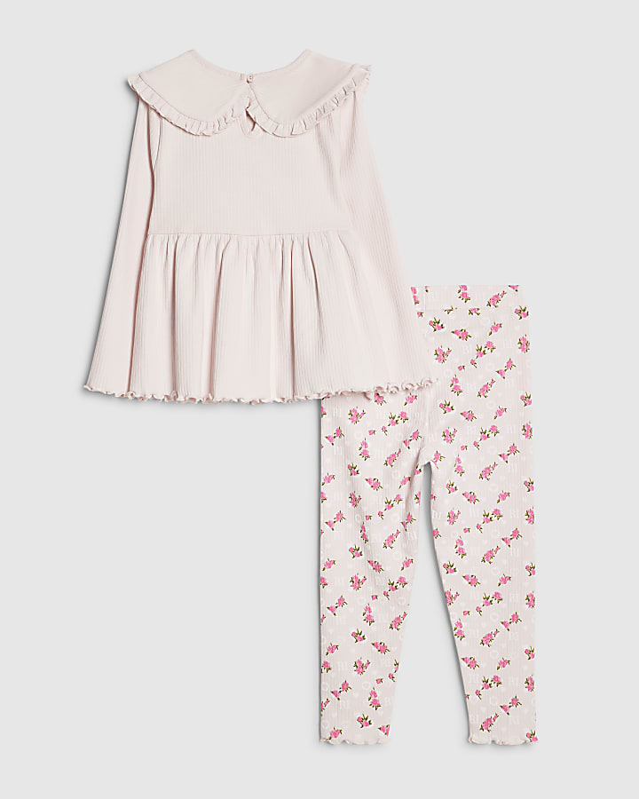 River Island Mini Girls Pink Rib Collar Peplum Top Set