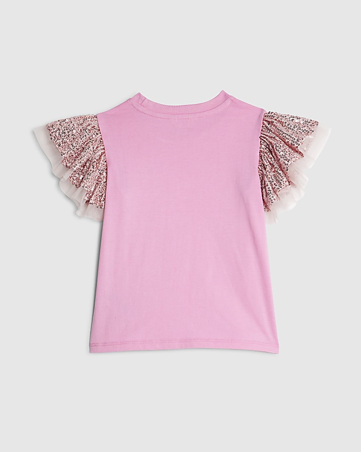 River Island Mini Girls Pink Sequin Frill Sleeve T-Shirt