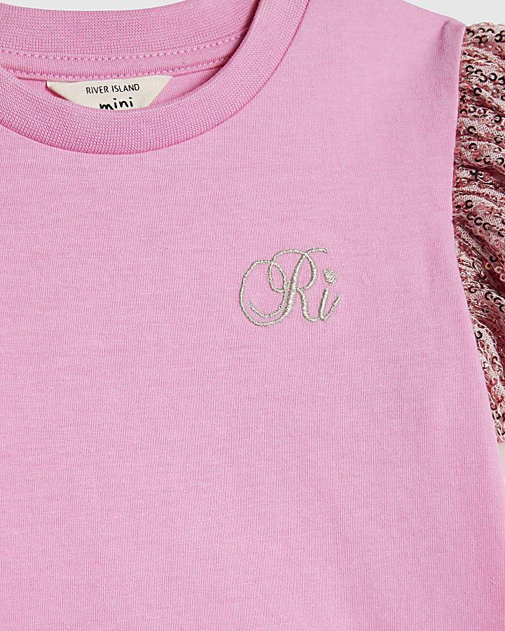 River Island Mini Girls Pink Sequin Frill Sleeve T-Shirt