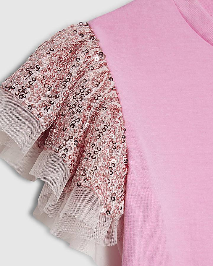 River Island Mini Girls Pink Sequin Frill Sleeve T-Shirt