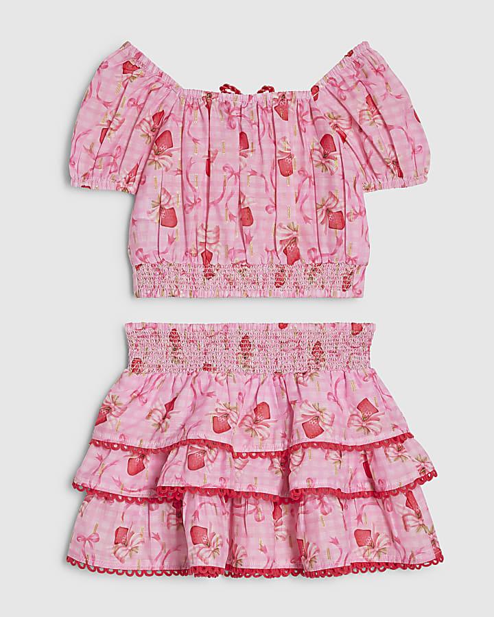 River Island Mini Girls Pink Strawberry Bow Skirt Set