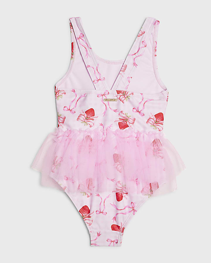 River Island Mini Girls Pink Strawberry Bow Tutu Swimsuit