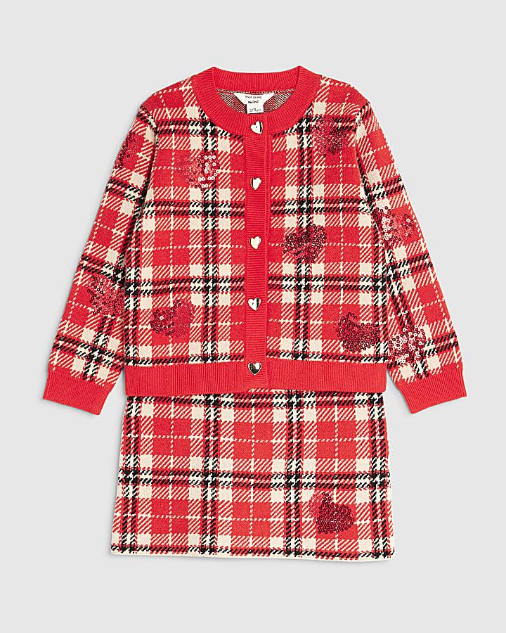 River Island Mini Girls Red Tartan Sequin Skirt Set