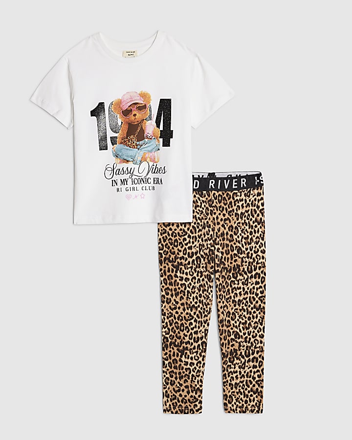 River Island Mini Girls White 1994 Bear T-Shirt Set