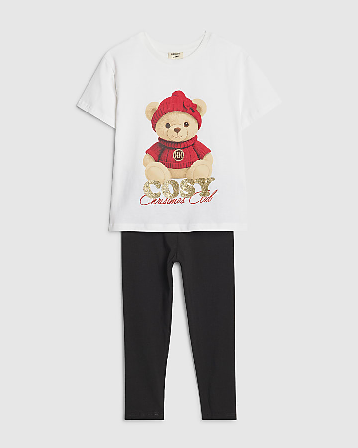 River Island Mini Girls White Christmas Bear T-Shirt Set