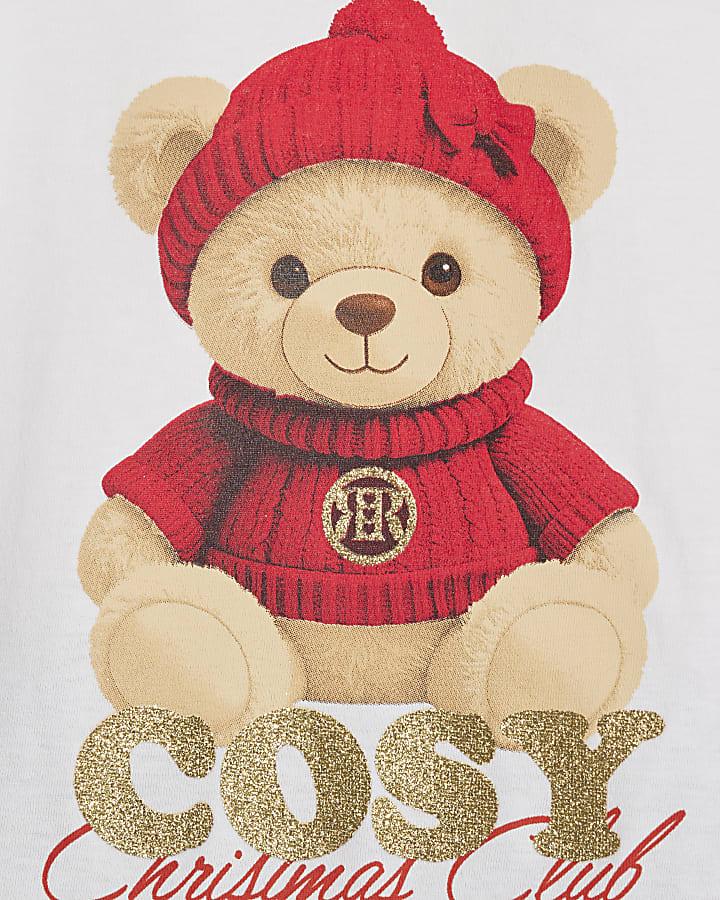 River Island Mini Girls White Christmas Bear T-Shirt Set