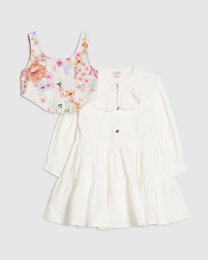 River Island Mini Girls White Floral 2in1 Shirt Dress