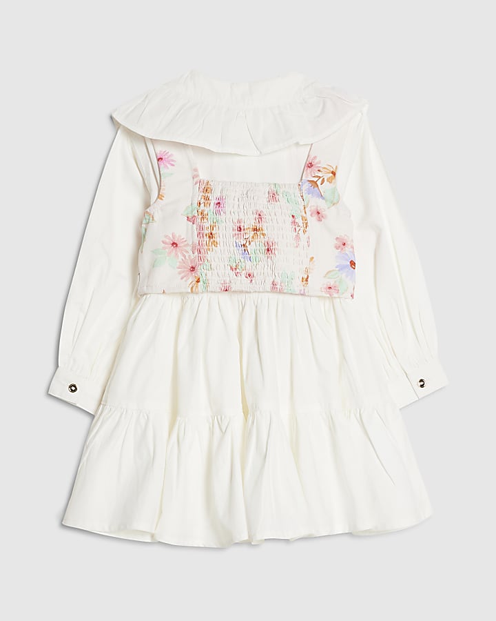 River Island Mini Girls White Floral 2in1 Shirt Dress