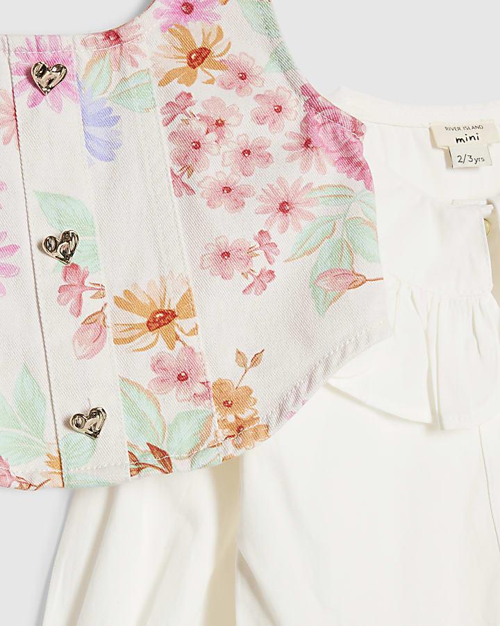 river island Mini Girls White Floral 2in1 Shirt Dress